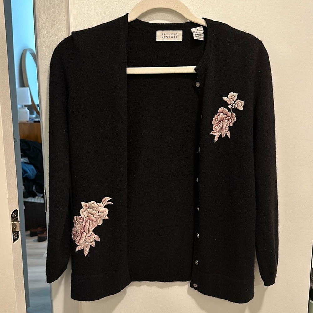 barneys black cashmere cardigan with embroidered floral design